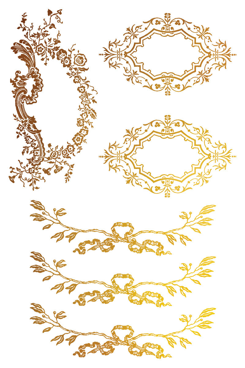 PETITS ORNEMENTS GOLD FOIL TRANSFER 12X8 PAD by Iron Orchid Designs (8 sheets) for furniture, crafts and décor