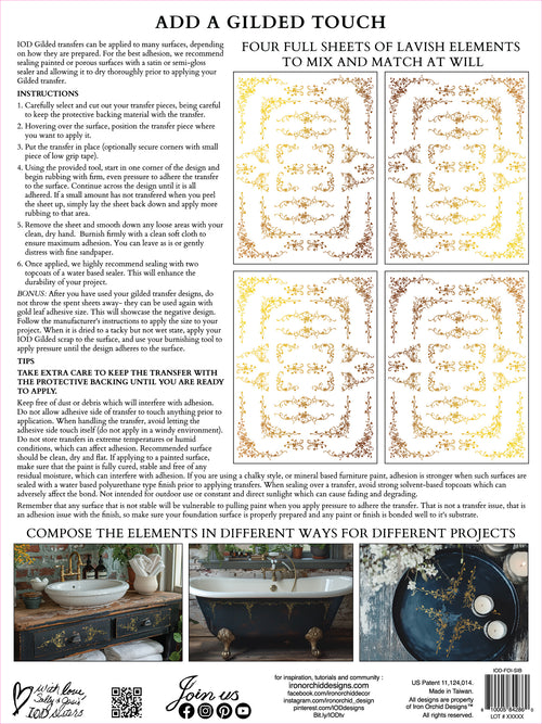 SI BELLE GOLD FOIL TRANSFER 12X16 PAD by Iron Orchid Designs (4 sheets) for furniture, crafts and décor