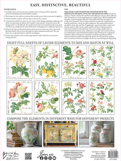 ROSE BOTANICAL IOD TRANSFER 12X16 PAD by Iron Orchid Designs (8 sheets) for furniture, crafts and decor