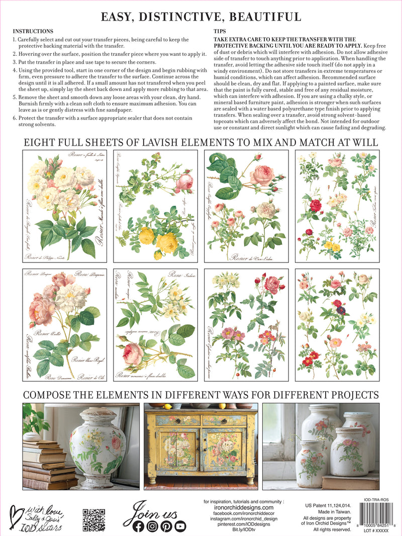 ROSE BOTANICAL IOD TRANSFER 12X16 PAD by Iron Orchid Designs (8 sheets) for furniture, crafts and decor